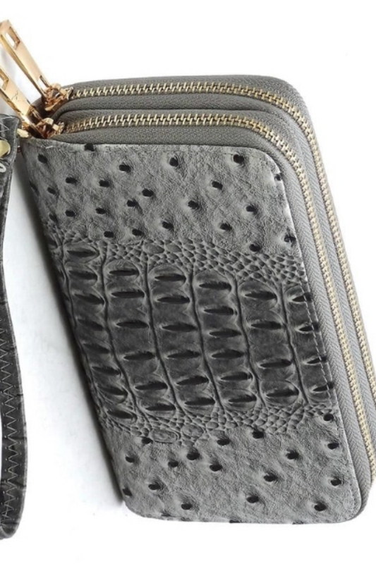 Ostrich Croc Double Zip Wallet Wristlet in Grey