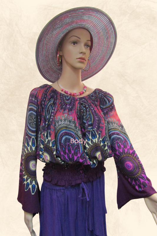 Mandala  Purple Print Long-Sleeved Top with Elasticized Neckline and Smocked Hemline