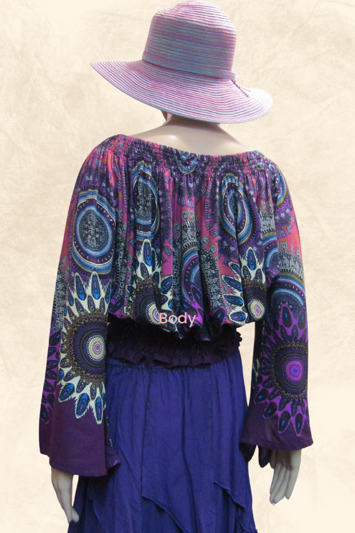 Mandala  Purple Print Long-Sleeved Top with Elasticized Neckline and Smocked Hemline