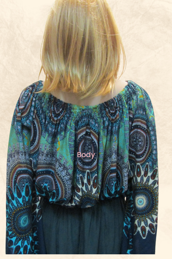 Mandala Green Print Long-Sleeved Top with Elasticized Neckline and Smocked Hemline