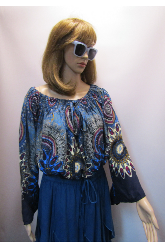 Mandala Blue Print Long-Sleeve Top with Elasticized Neckline and Smocked Hem