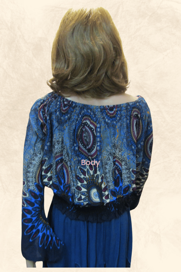 Mandala Blue Print Long-Sleeve Top with Elasticized Neckline and Smocked Hem