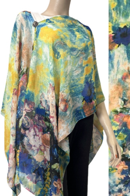 Silky Sheer 6-Button Poncho - Multicolor Abstract