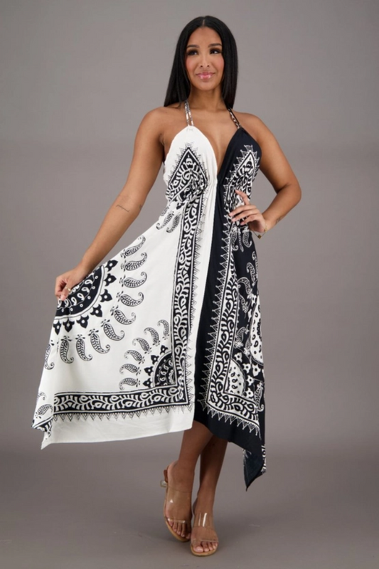 Black & White Halter-Style Scarf Dress