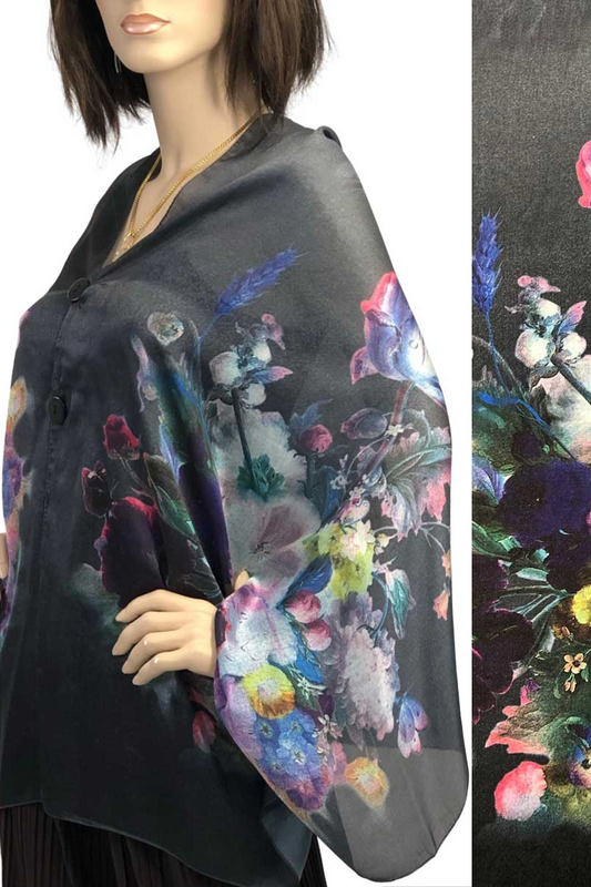 Satin Charmeuse Button Shawl in Charcoal Floral Print