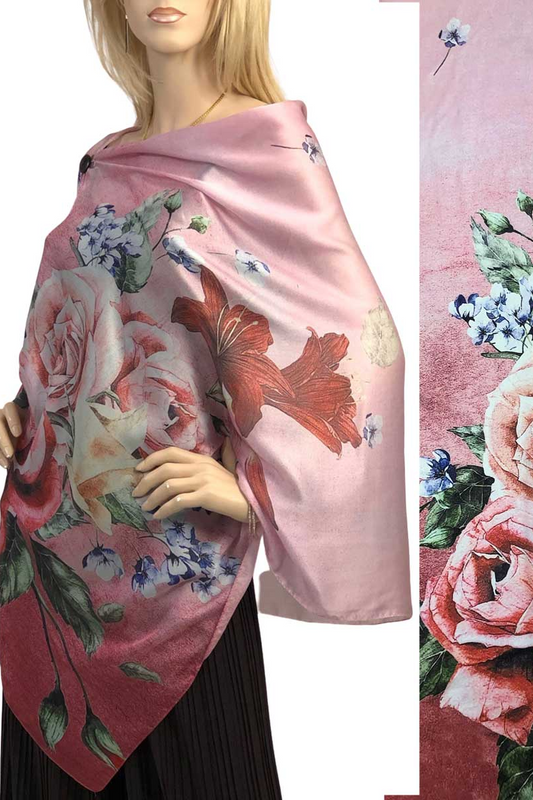 Satin Charmeuse Button Shawl in Pink Floral Print