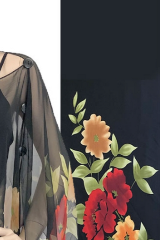 Silky Sheer 6-Button Poncho - Black Floral