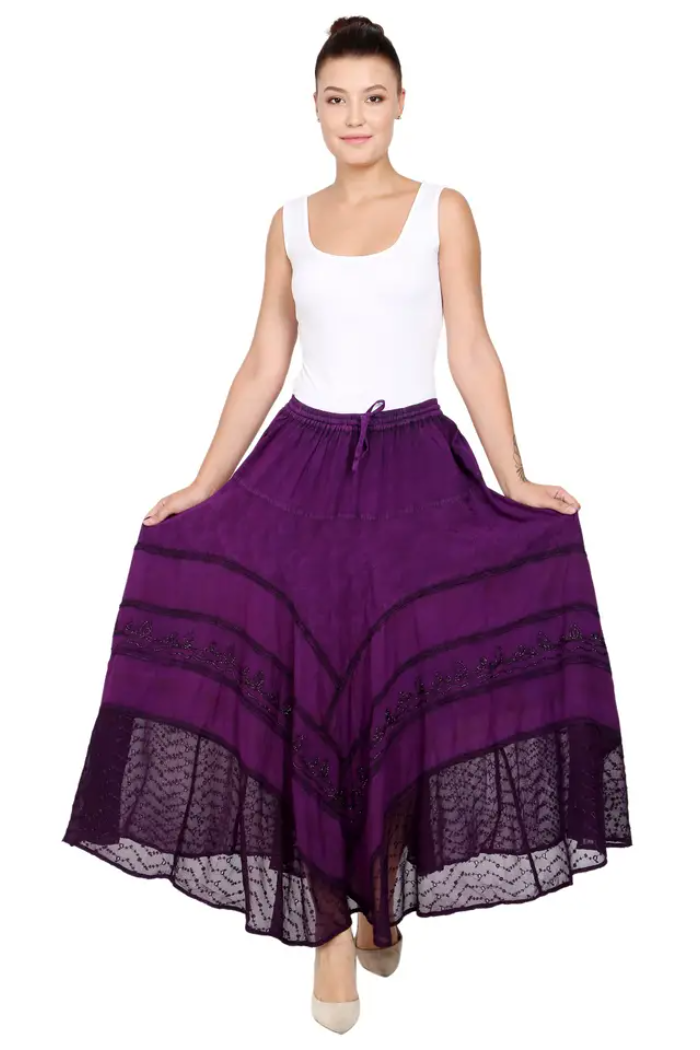 Embroidered Acid Wash Maxi Skirt