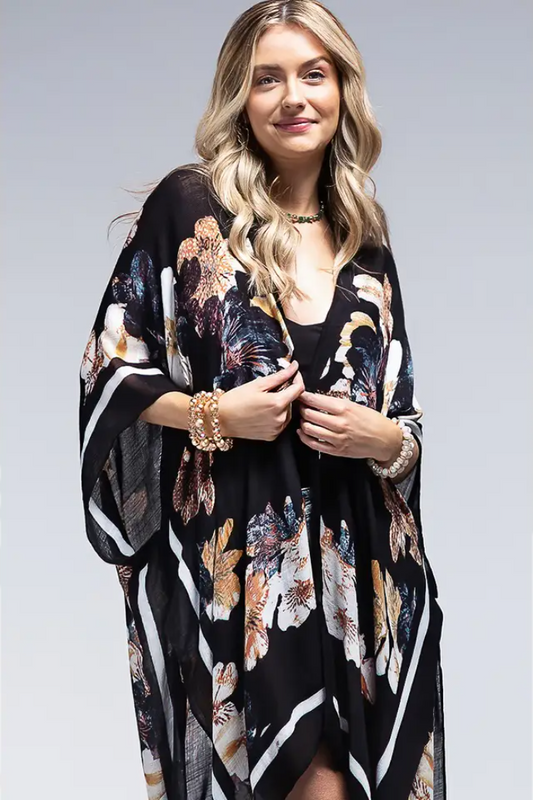 Bohemian and Glam Kimono - Beige Floral on-Black  (back in stock by 7/24)