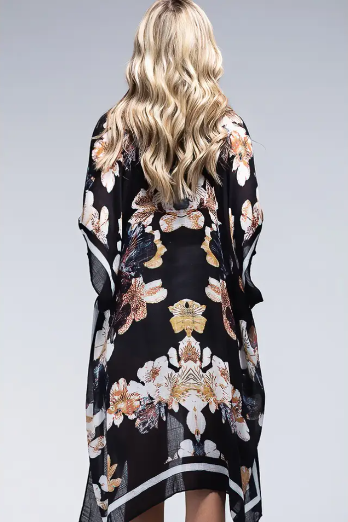 Bohemian and Glam Kimono - Beige Floral on-Black  (back in stock by 7/24)