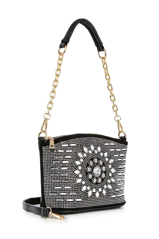 Rhinestone Sunburst Design Shoulder Bag
