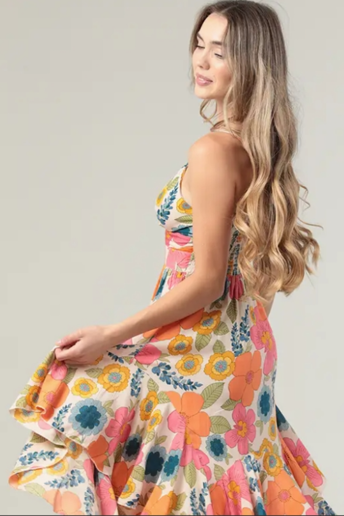 Boho Twist-Front Midi Dress with Flouncy Hem