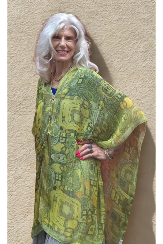 Silky Sheer 6-Button Poncho - Lime Abstract