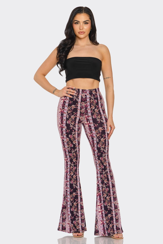 Boho Floral Print Flared Pant in a Plum & Pink Print