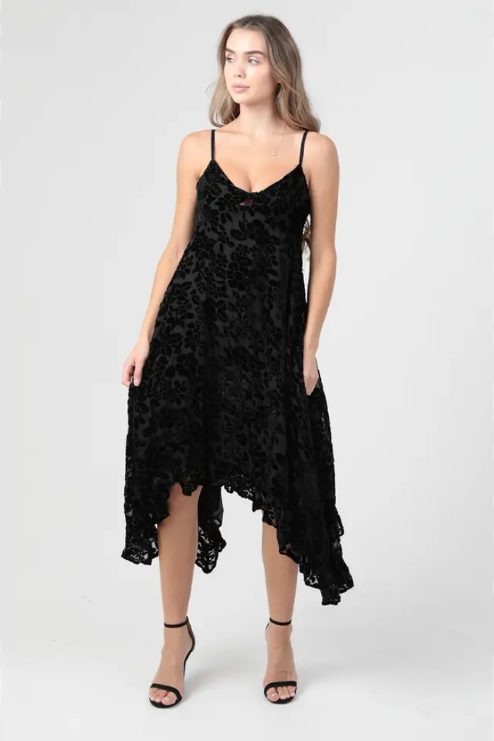 Burnout Velvet Twist Front Hanky Hem Midi Dress
