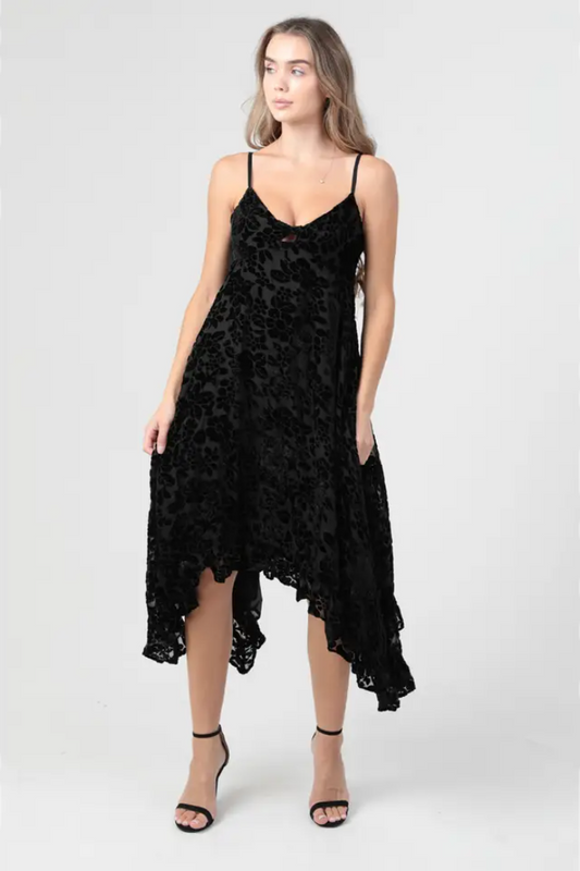 Burnout Velvet Twist Front Hanky Hem Midi Dress