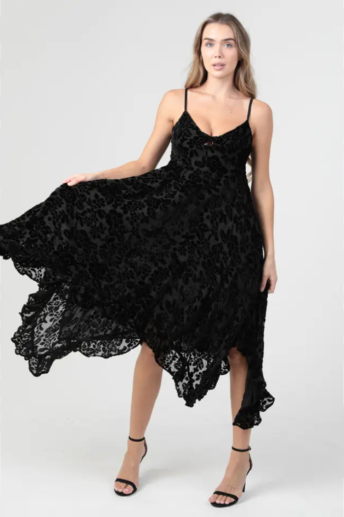 Burnout Velvet Twist Front Hanky Hem Midi Dress