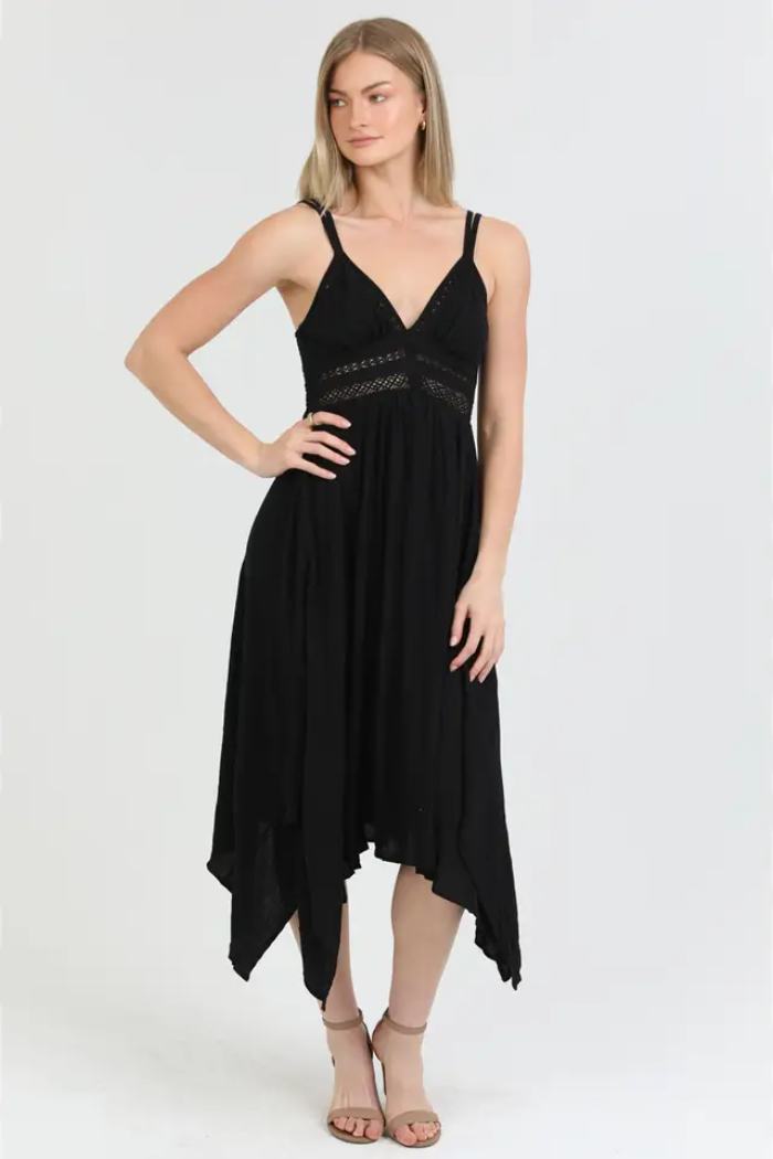 Romantic Boho Hanky Hem Midi Dress in Black