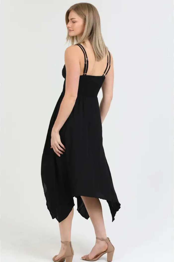 Romantic Boho Hanky Hem Midi Dress in Black