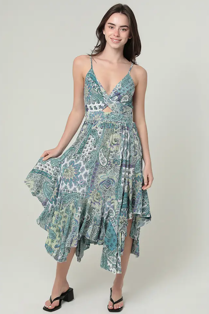 Twist Front Triangle Cut-Out Asymmetrical Hem Midi Dress