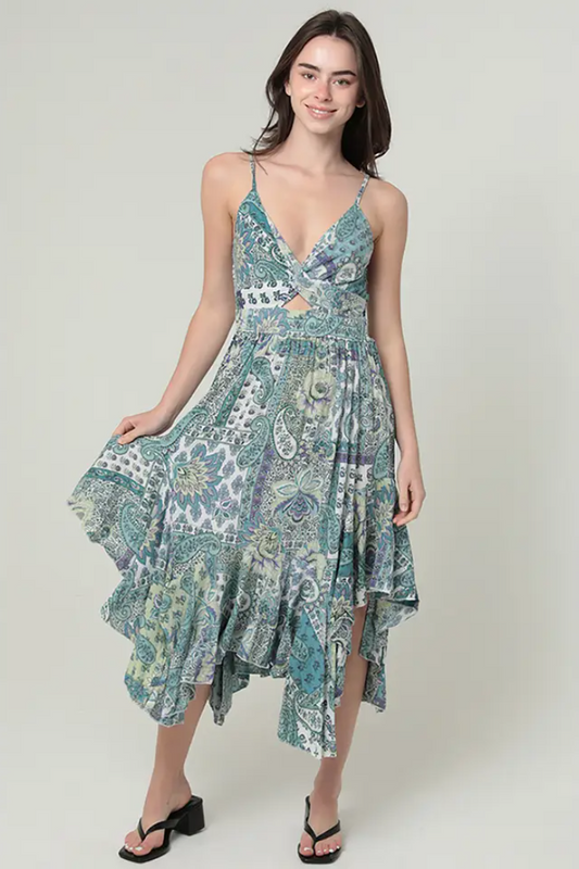 Twist Front Triangle Cut-Out Asymmetrical Hem Midi Dress
