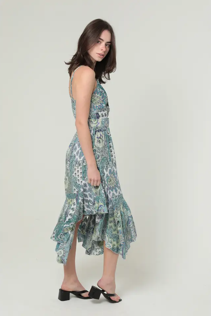 Twist Front Triangle Cut-Out Asymmetrical Hem Midi Dress