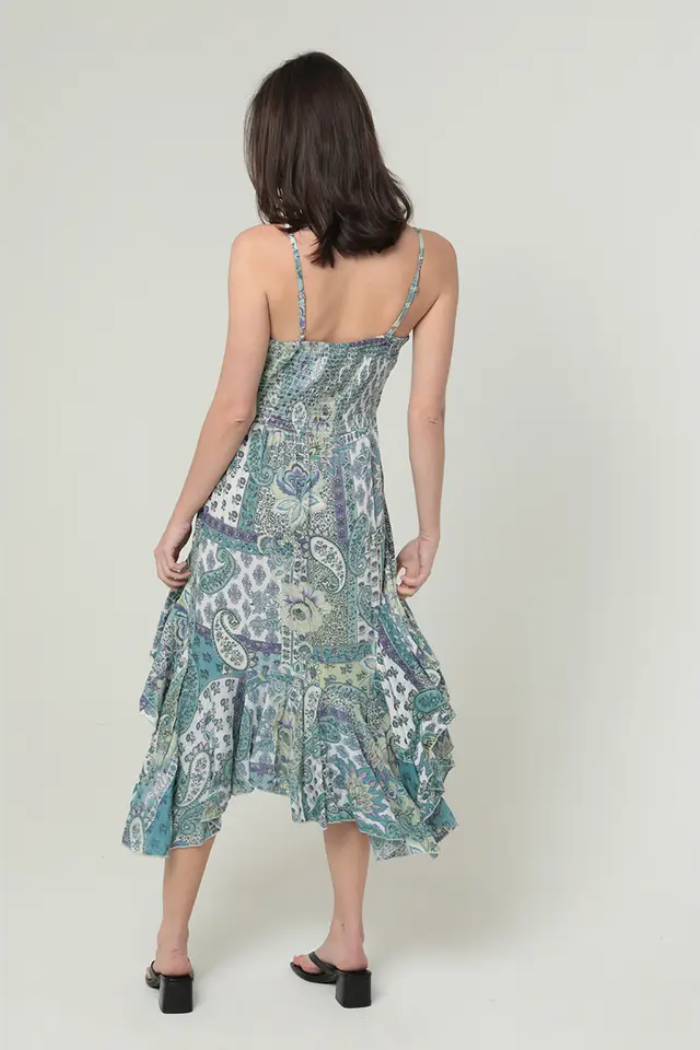 Twist Front Triangle Cut-Out Asymmetrical Hem Midi Dress
