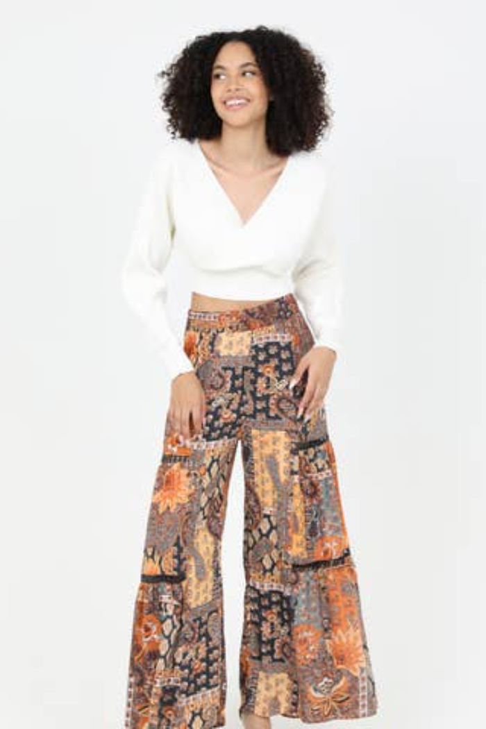 Wide Leg Pant with Lace Inserts - Safari