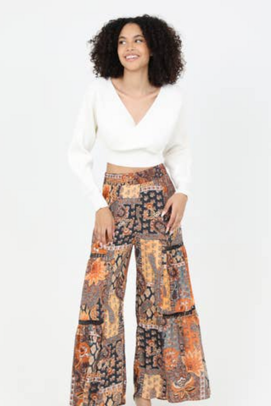 Wide Leg Pant with Lace Inserts - Safari