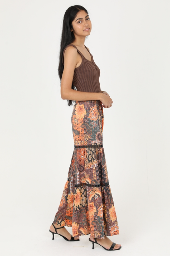 Wide Leg Pant with Lace Inserts - Safari