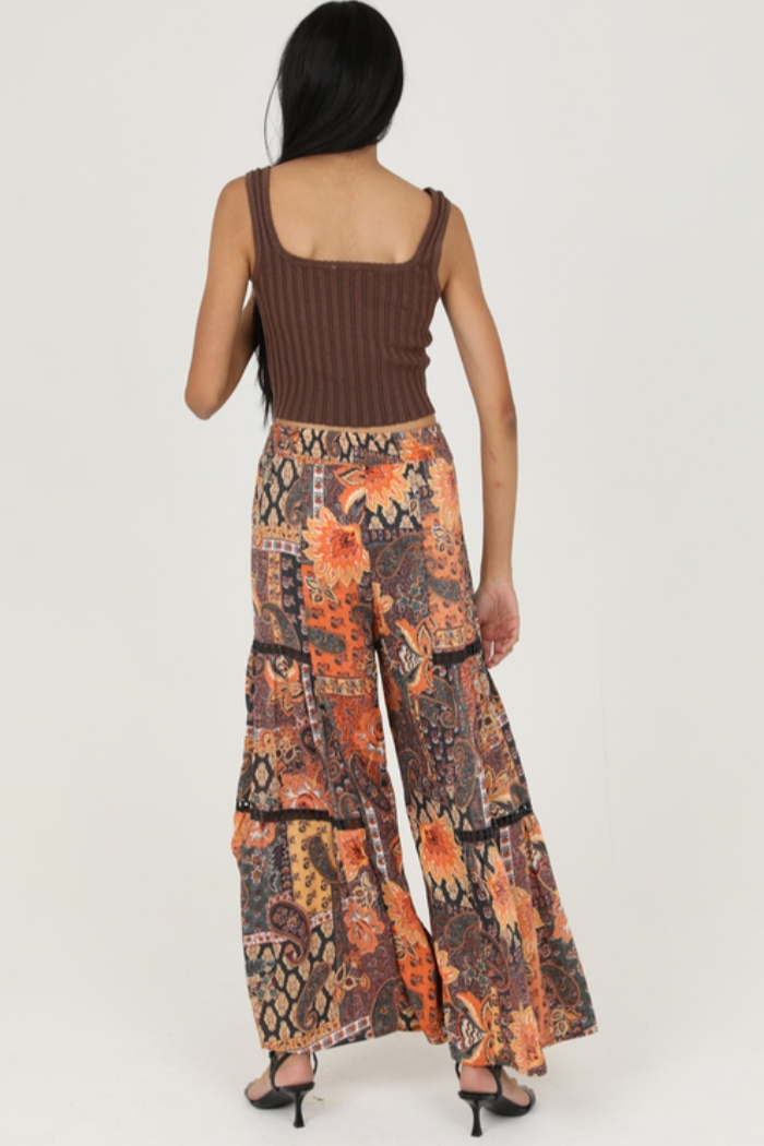 Wide Leg Pant with Lace Inserts - Safari