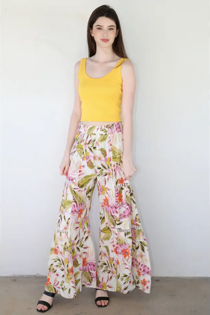 Tropical Print Wide Leg Flare Pants with Lace Inserts
