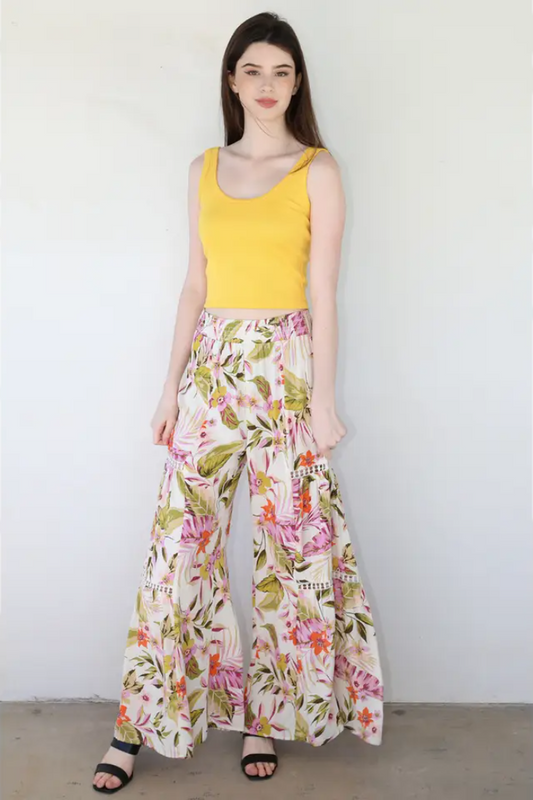 Tropical Print Wide Leg Flare Pants with Lace Inserts