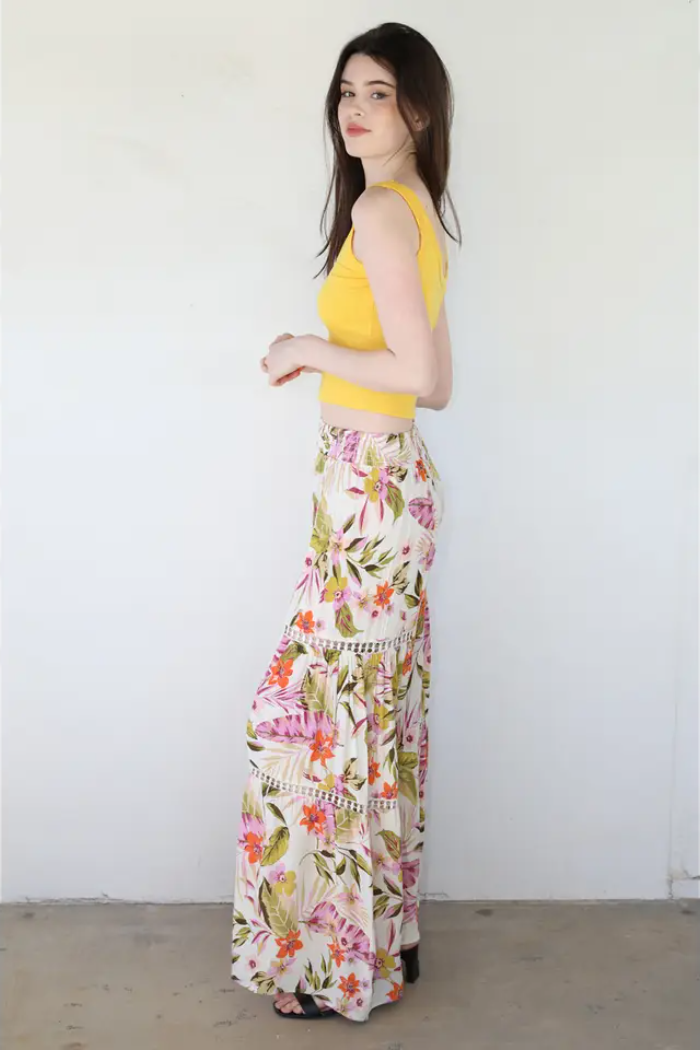 Tropical Print Wide Leg Flare Pants with Lace Inserts