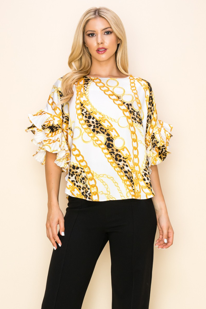 Ruffled Sleeve Top in Golden Chain Print
