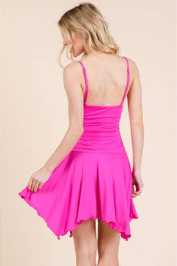 Ruched Mini Dress in Fire Pink