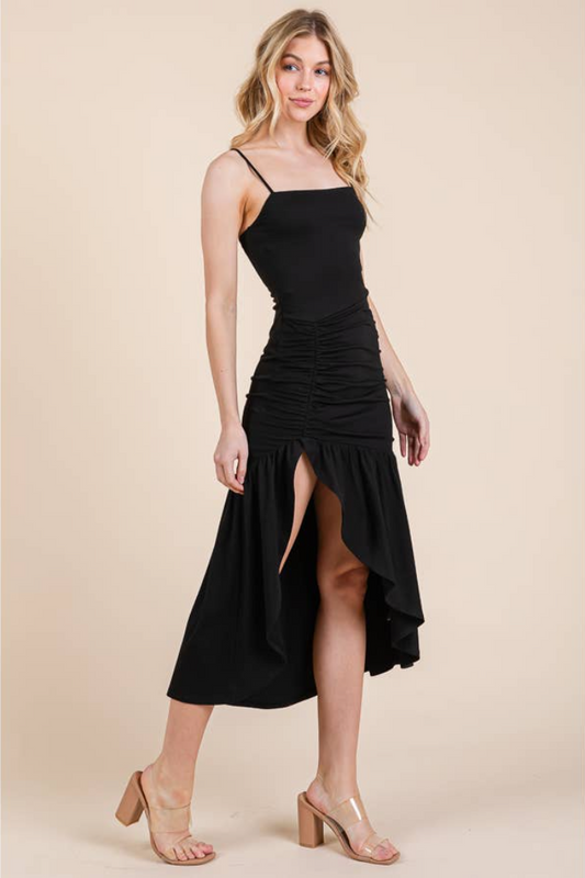 Ruched Black Hi-Low Dress