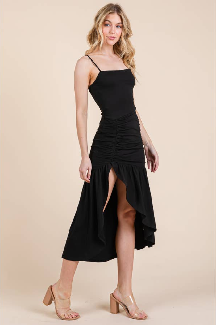 Ruched Black Hi-Low Dress