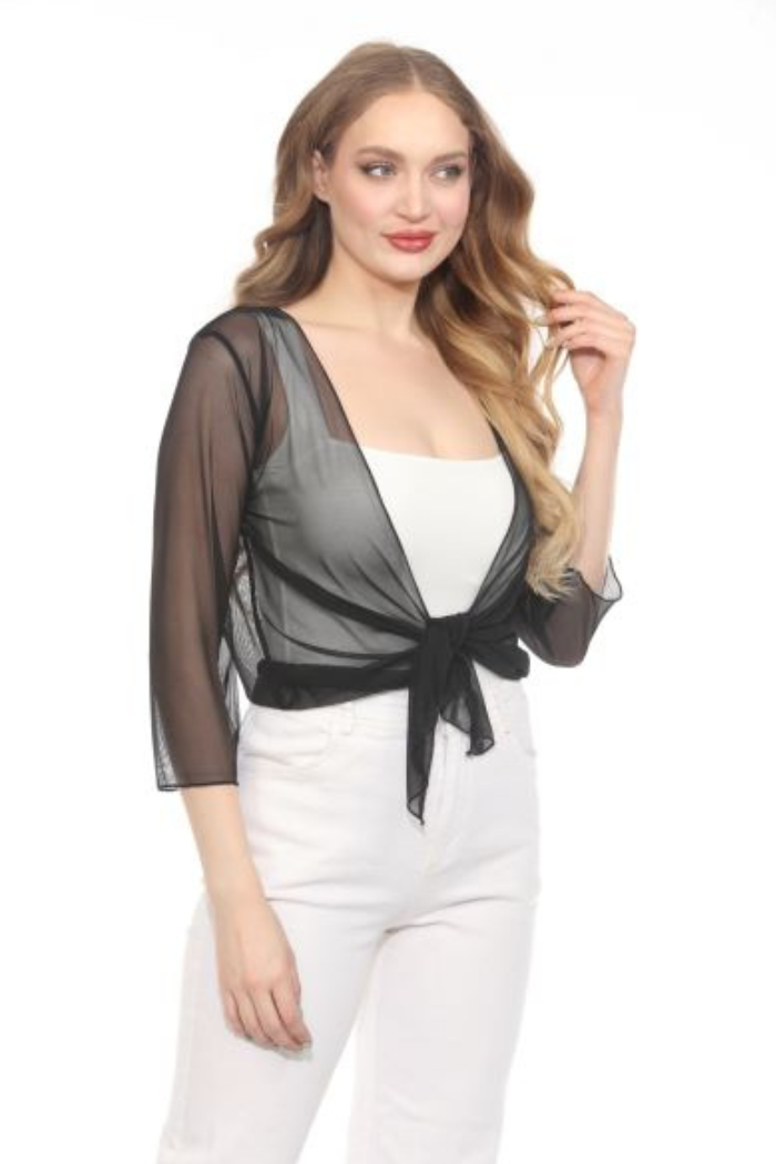 Sheer Mesh Tie-Front Shrug