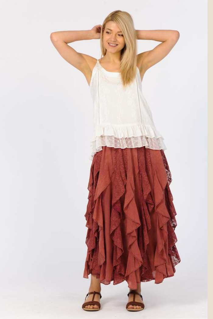 Long Cotton Ruffle Skirt in Sangria