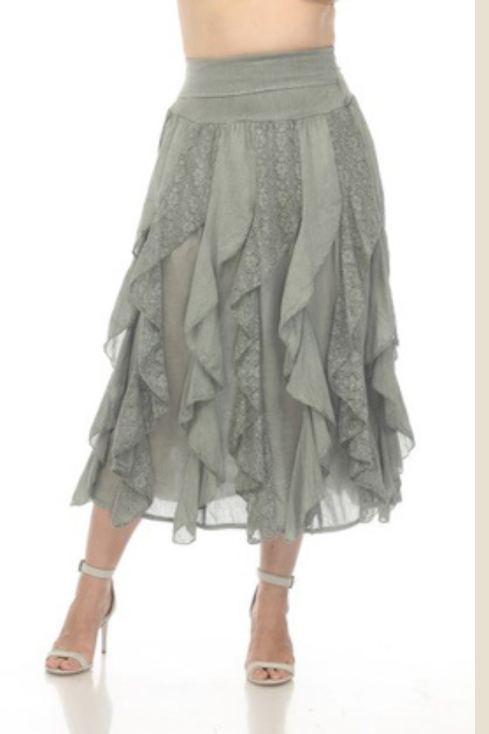 Long Cotton Ruffle Skirt in Sage