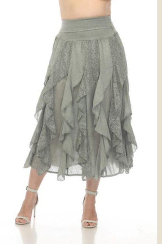 Long Cotton Ruffle Skirt in Sage