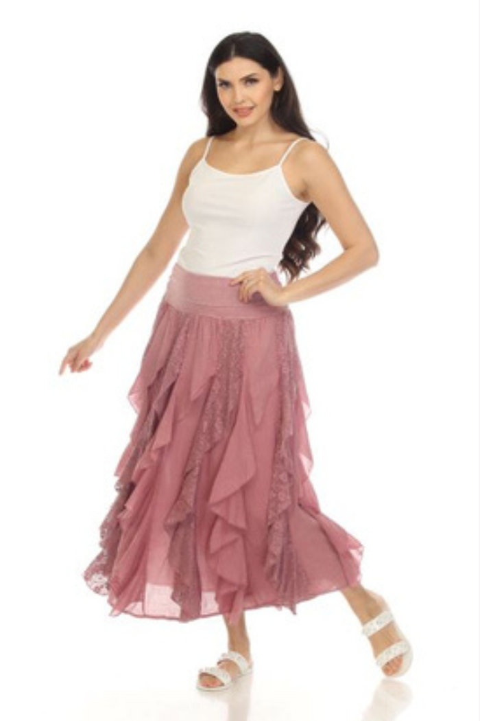 Long Cotton Ruffle Skirt in Dusty Rose