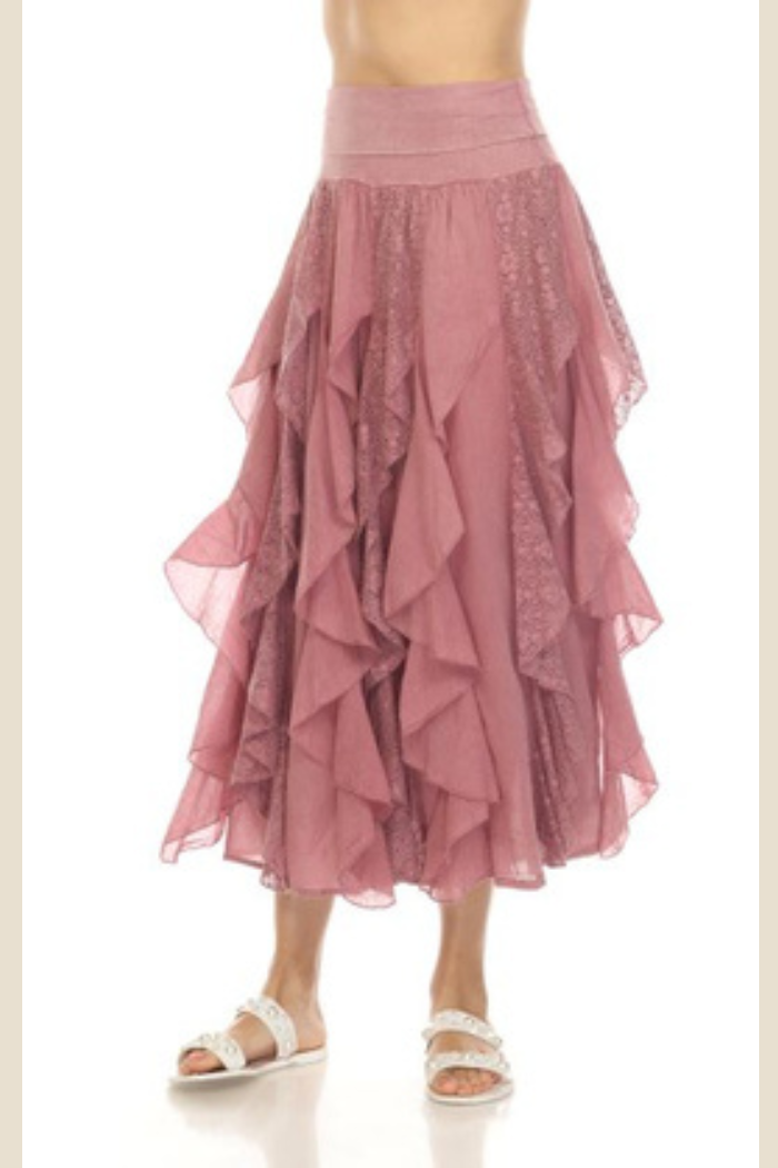 Long Cotton Ruffle Skirt in Dusty Rose