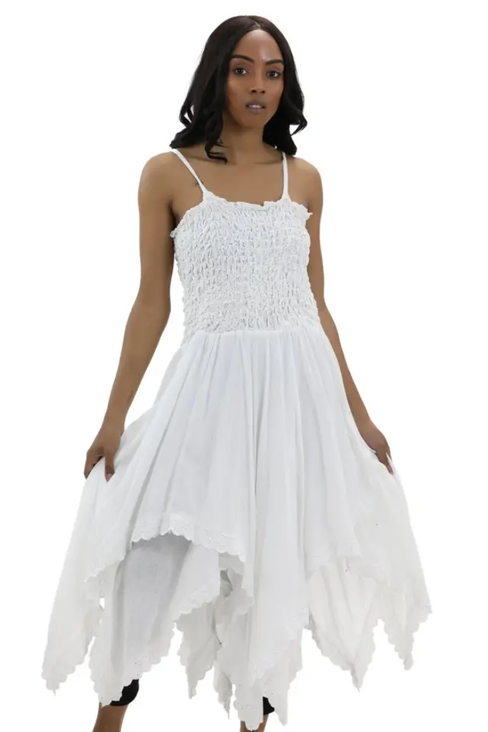 Shirred Bodice Handkerchief Dress in White