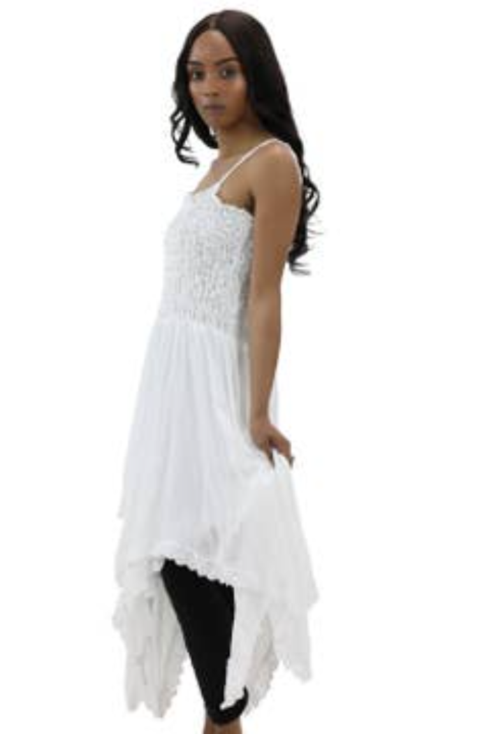Shirred Bodice Handkerchief Dress in White