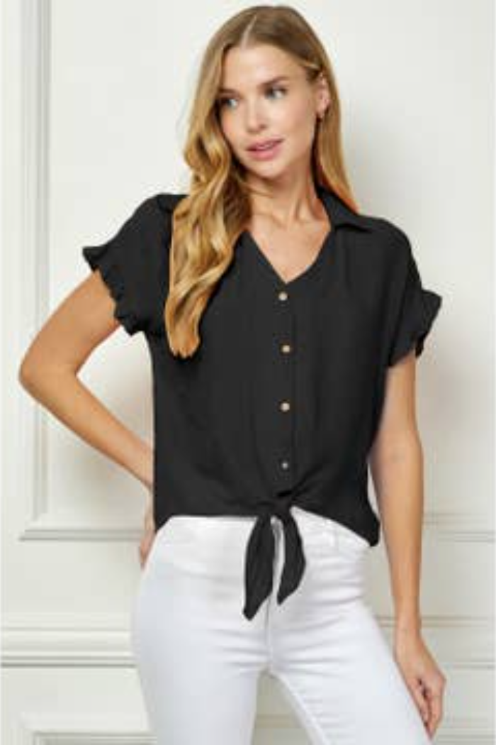 Ruffled Short Sleeve Front Tie Top in Pink