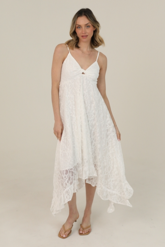 White Lace Hanky Hem Maxi Dress