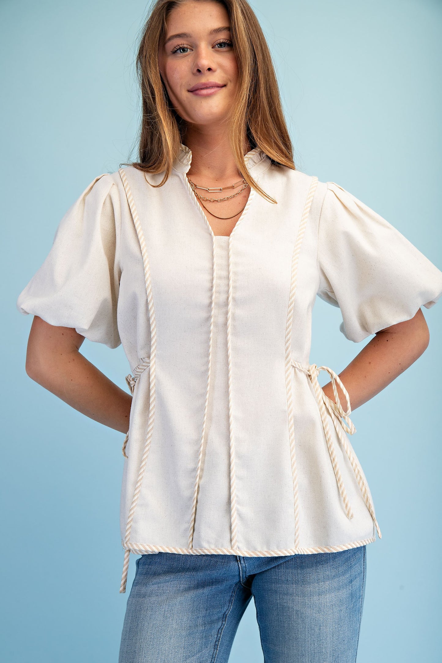 Linen Blouse With Puffed Sleeves and Binding Detailing