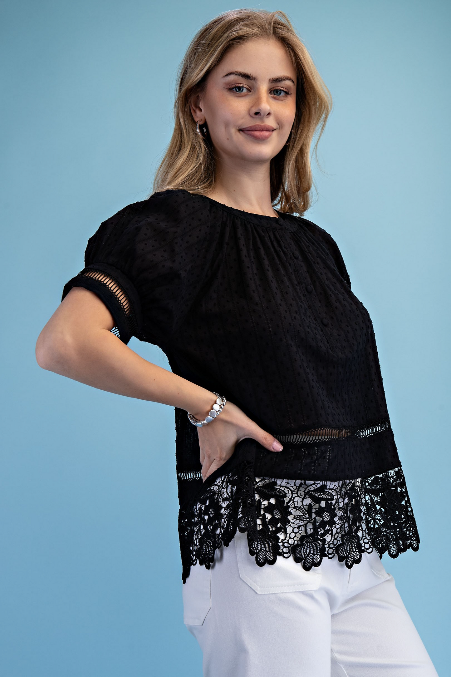 Textured Short Sleeve Blouse with Lace Trim in Black